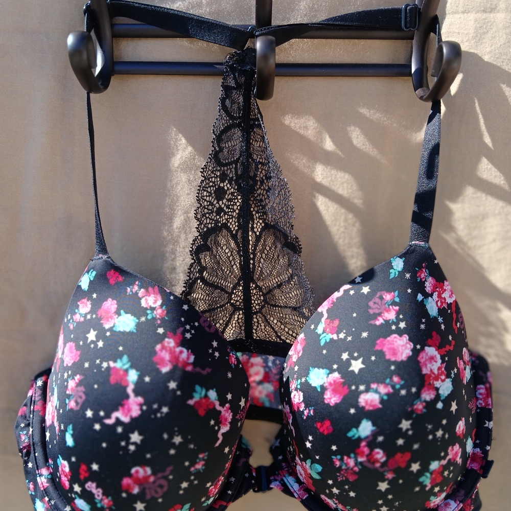 Victoria's Secret Black Bra with Pink and Green Floral Lace
